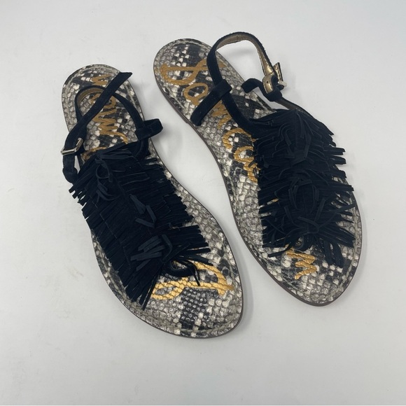 Sam Edelman Gela Black Fringe Snake Print Sandals 8 1/2 - Picture 1 of 7